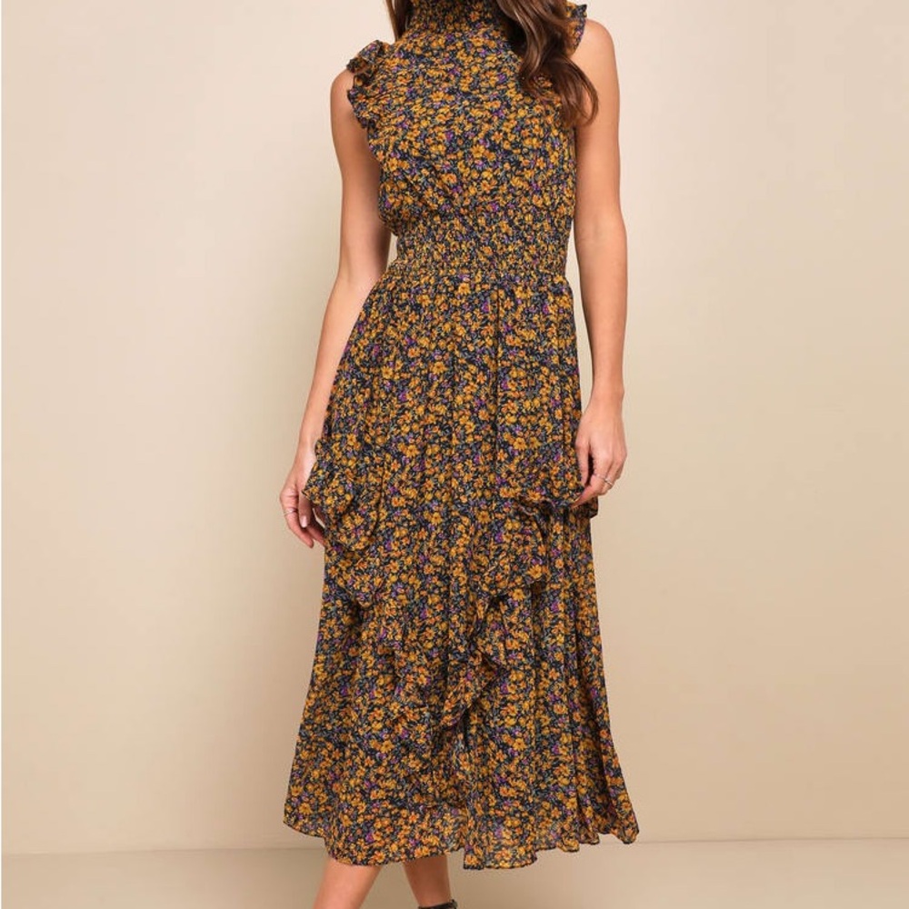 Evalina Mustard Yellow Floral Print Mock Neck Midi Dress
